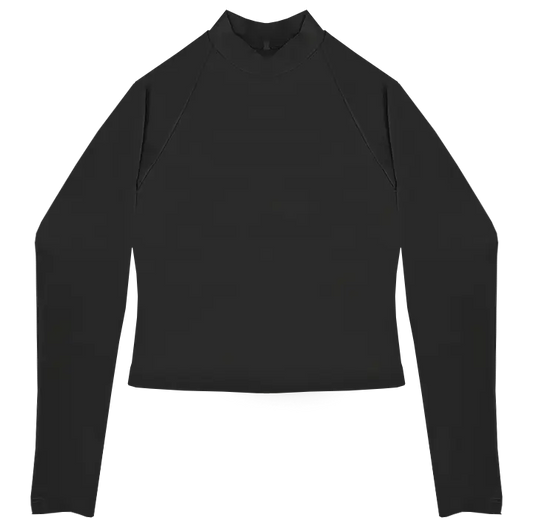 A flat lay image of the Euroka Cropped Rash Vest in the colour Black